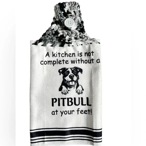 Hand Crafted Black and White Pitbull Themed Hanging Kitchen Hand Towel - Picture 3 of 6